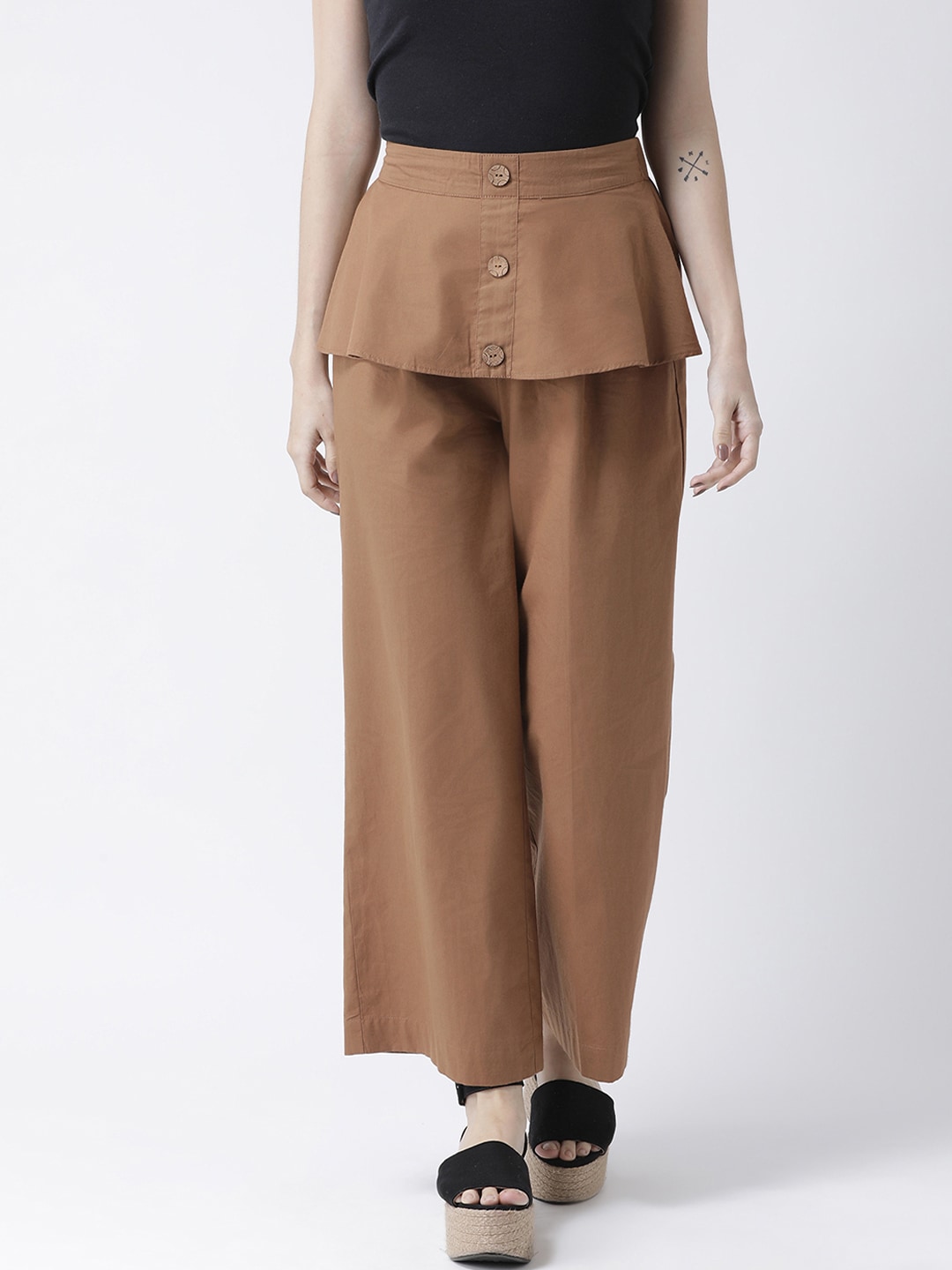 KASSUALLY Women Brown Regular Fit Solid Parallel Trousers