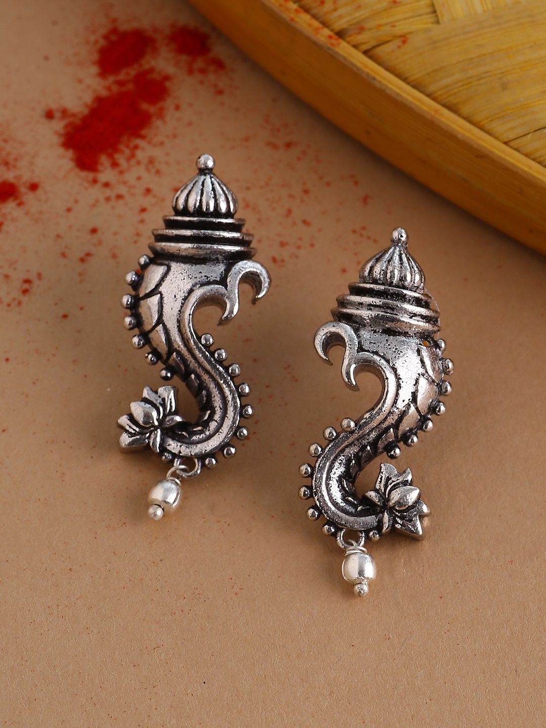 Voylla Oxidised Silver-Toned Textured Aarambh Vinayaka Drop Earrings-picture-30
