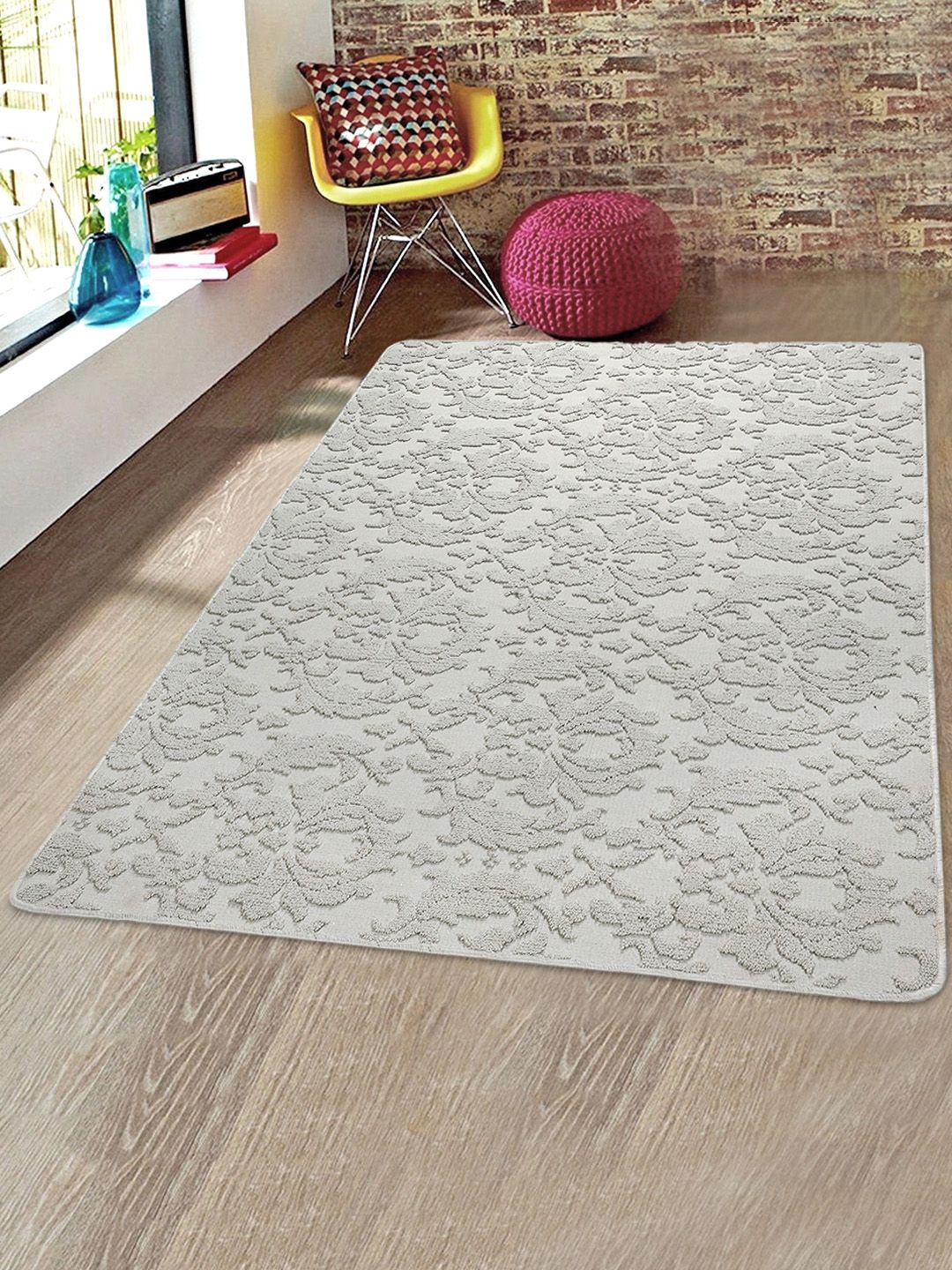 Saral Home Grey Floral Patterned Microfiber Anti-Skid Carpet-picture-28