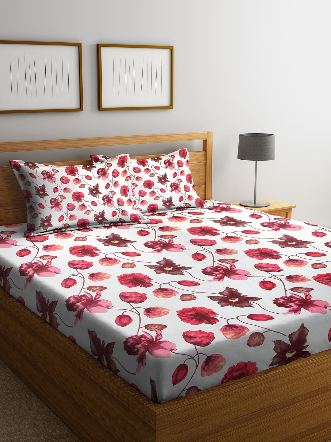 Cortina Red & White Floral 104 TC Cotton 1 King Bedsheet with 2 Pillow Covers