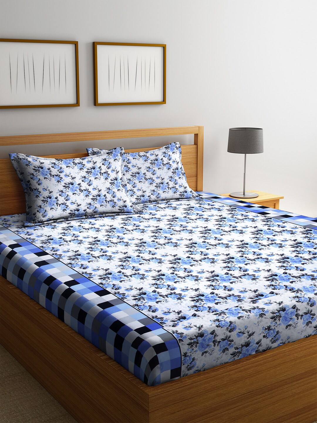 Cortina Blue & White Floral 104 TC Cotton 1 King Bedsheet with 2 Pillow Covers