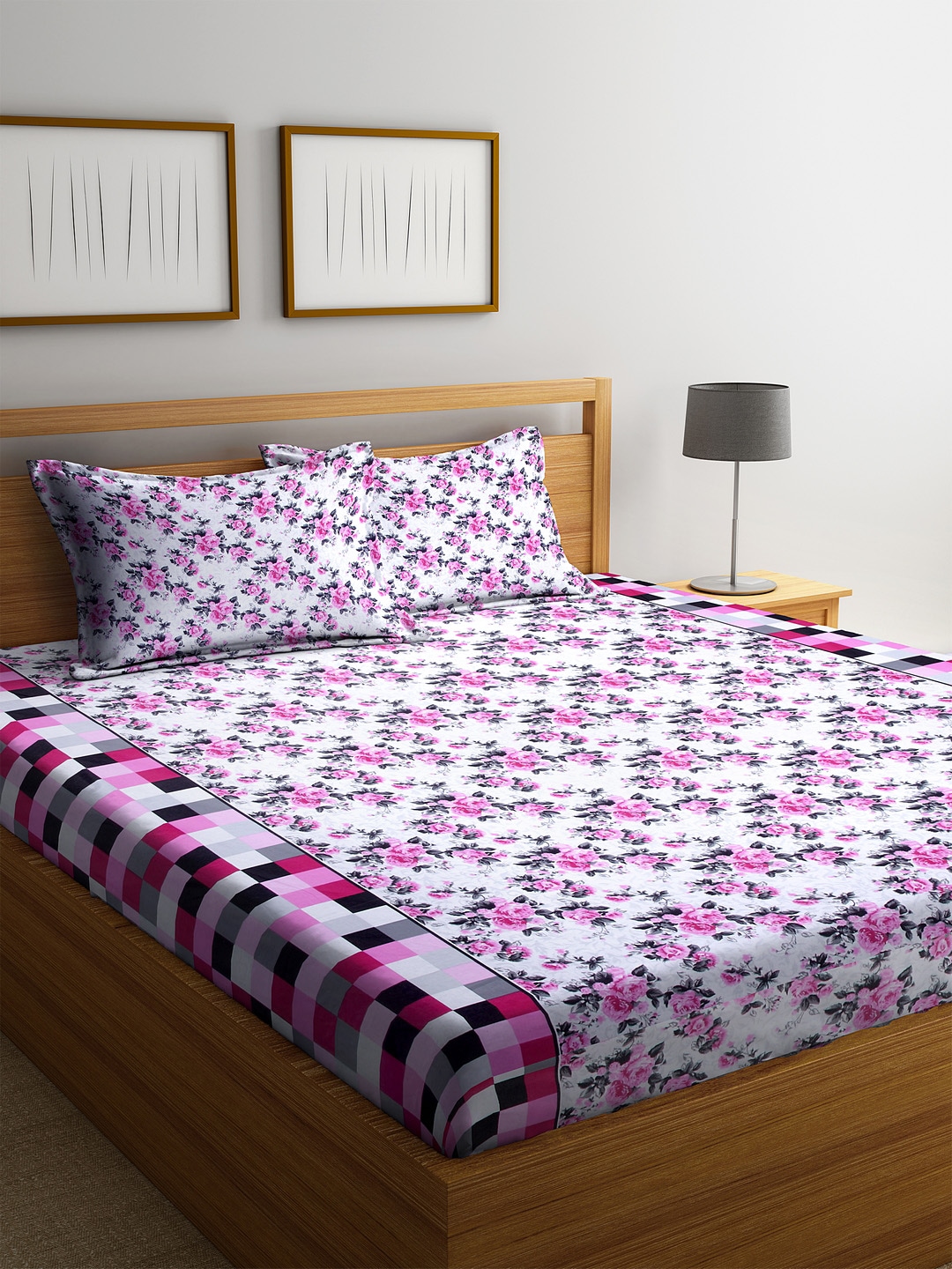 Cortina White & Pink Floral 104 TC Cotton 1 King Bedsheet with 2 Pillow Covers