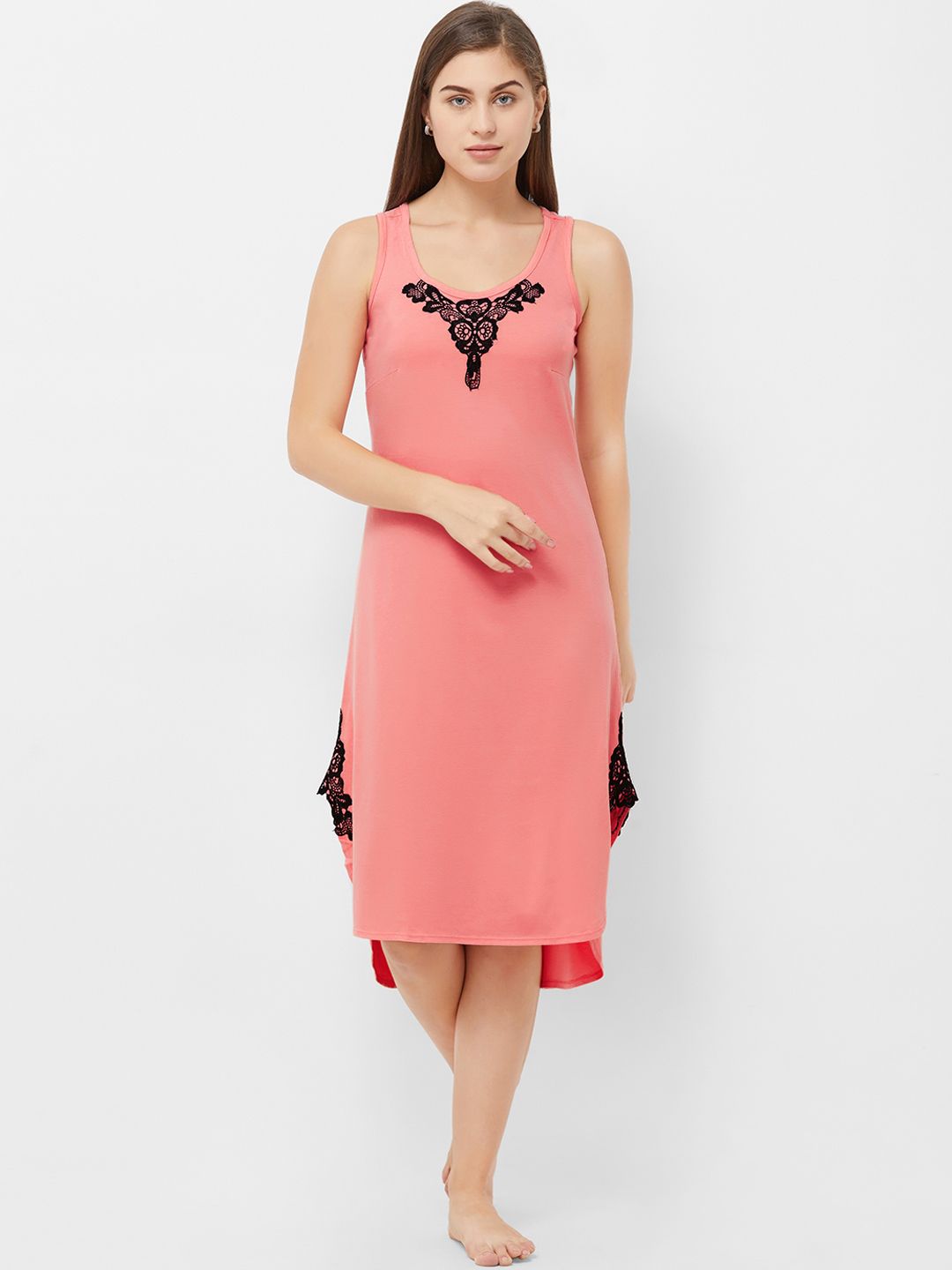 Soie Women Pink Solid Knee Length Nightdress-image-33