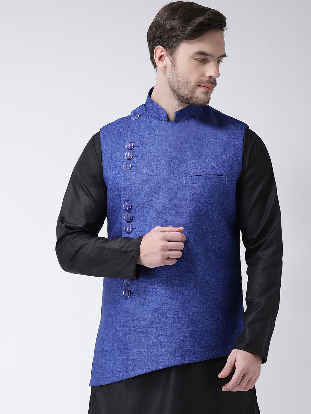 SG LEMAN Men Blue Solid Woven Nehru Jacket-image-41