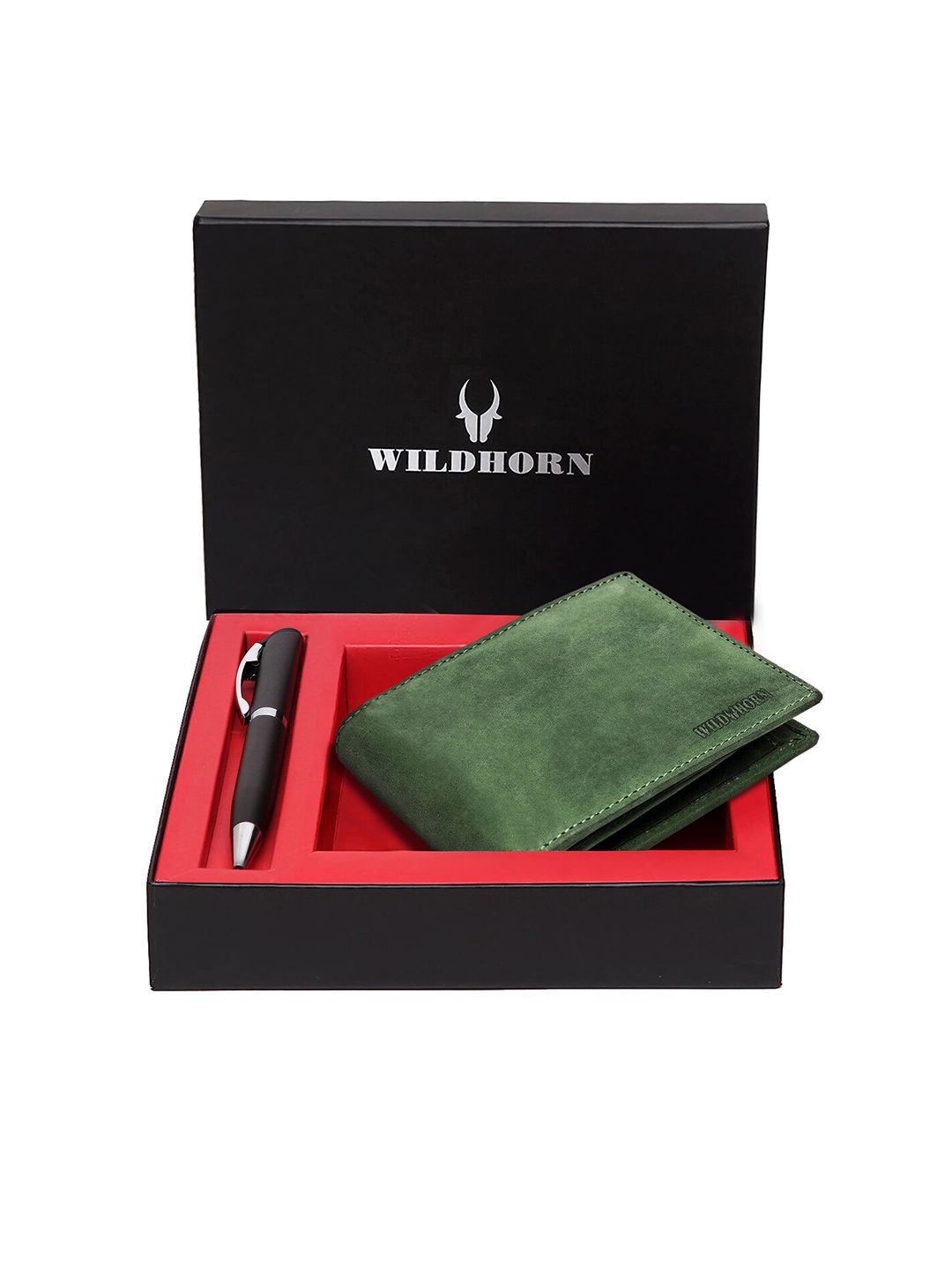 WildHorn Men Green & Black RFID Protected Genuine Leather Wallet & Pen Accessory Gift Set-picture-20