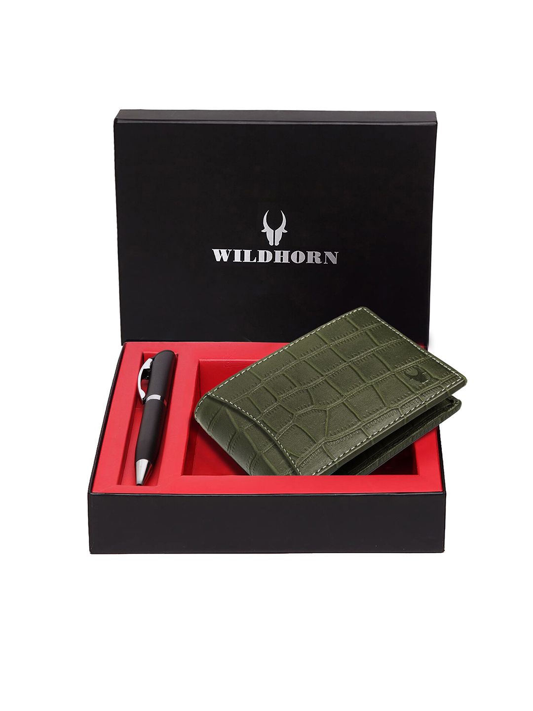 WildHorn Men Green & Black RFID Protected Genuine Leather Wallet & Pen Accessory Gift Set-image-49