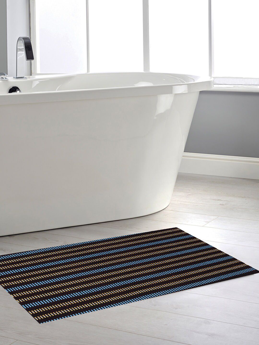 KLOTTHE Set of 2 Black & Blue Striped Bath Rugs-image-36