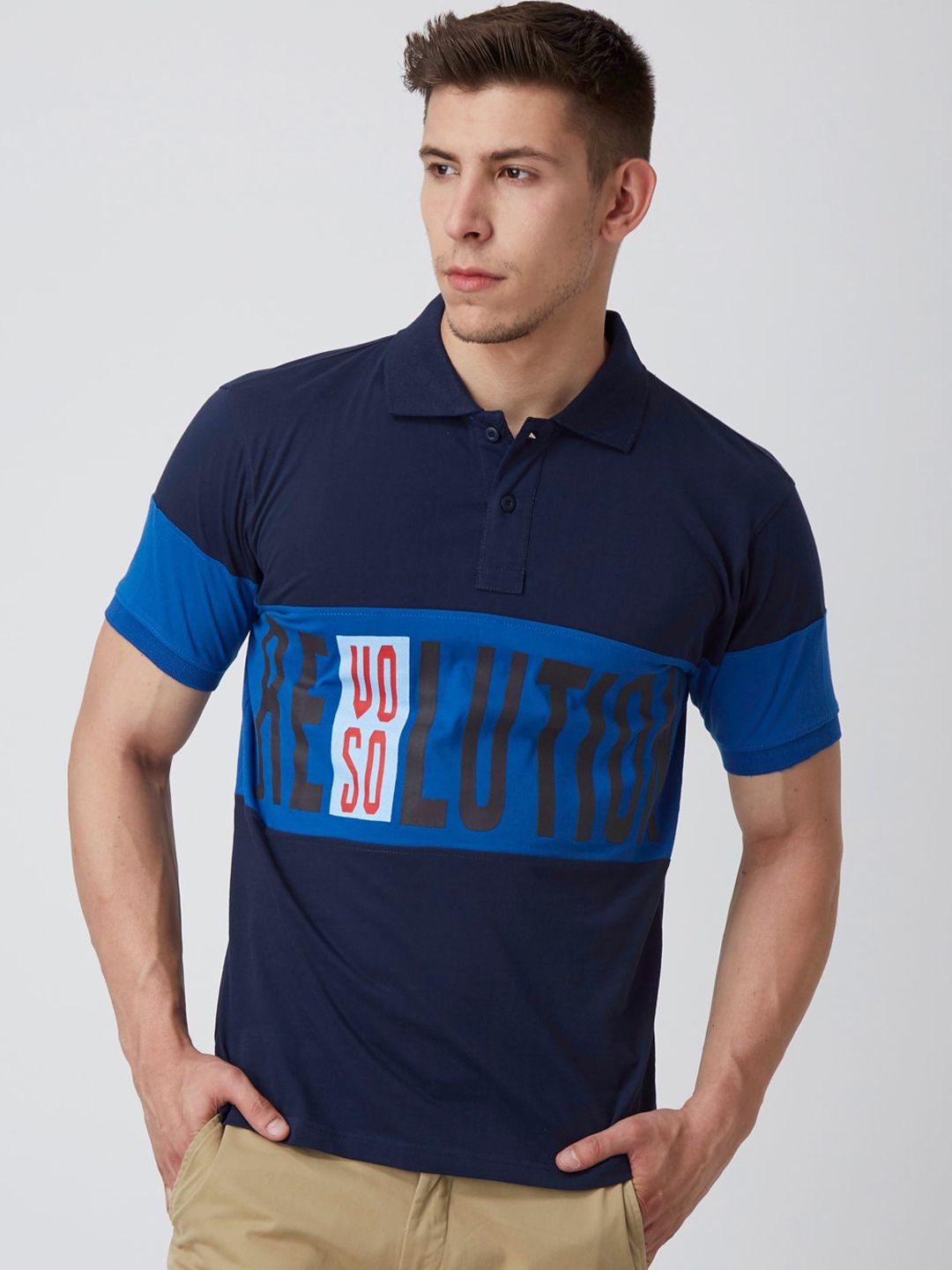 YAK YAK Men Navy Blue Colourblocked Polo Collar Slim Fit T-shirt-picture-41