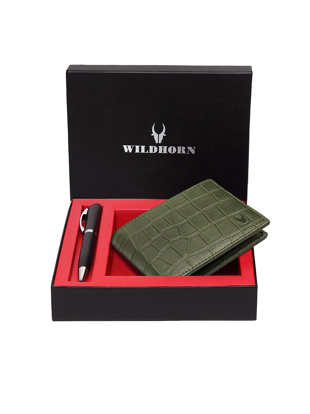 WildHorn Men Green & Black RFID Protected Genuine Leather Wallet & Pen Accessory Gift Set-picture-15