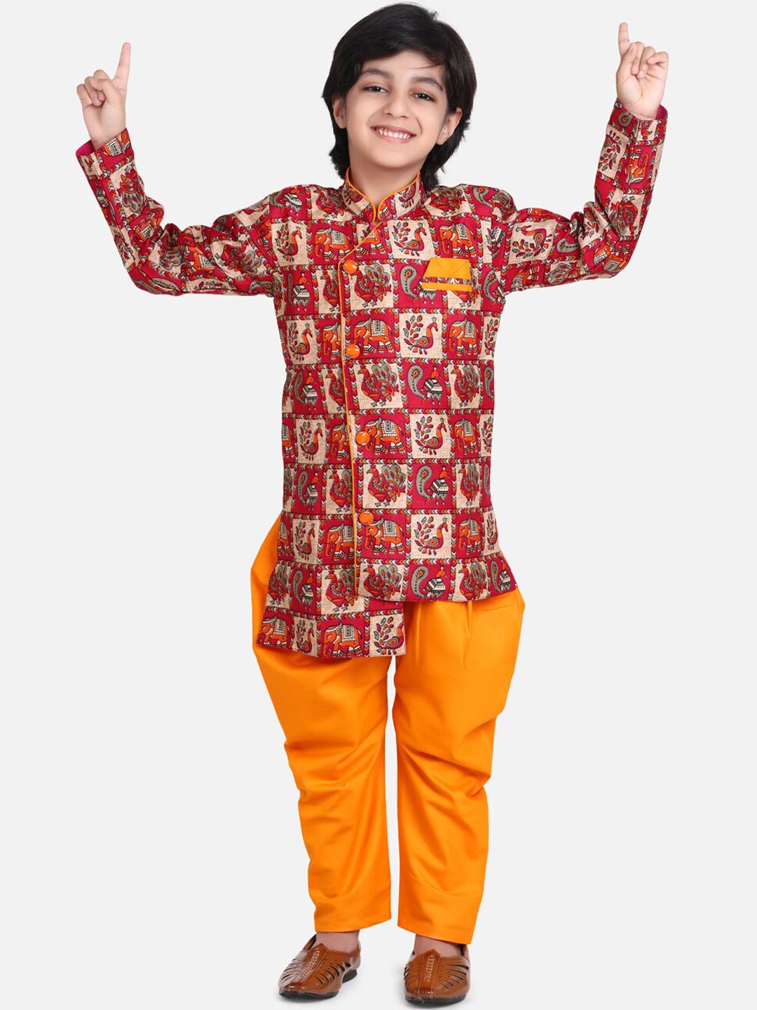 BownBee Boys Orange & Red Printed Sherwani Set-image-46