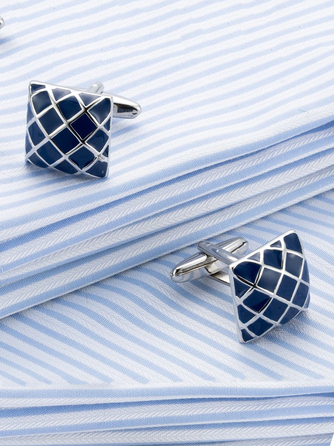 Yellow Chimes Navy Blue & Silver-Toned Square Cufflinks-picture-51