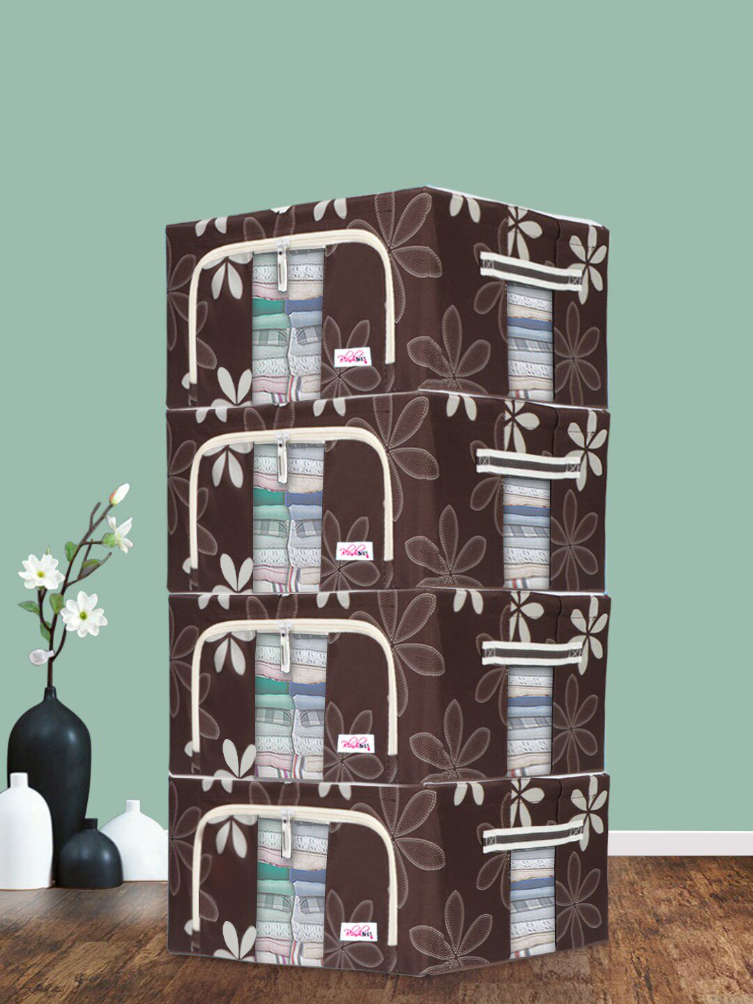 BlushBees Set of 4 Brown Printed Foldable Storage Boxes With Transparent Window-image-7