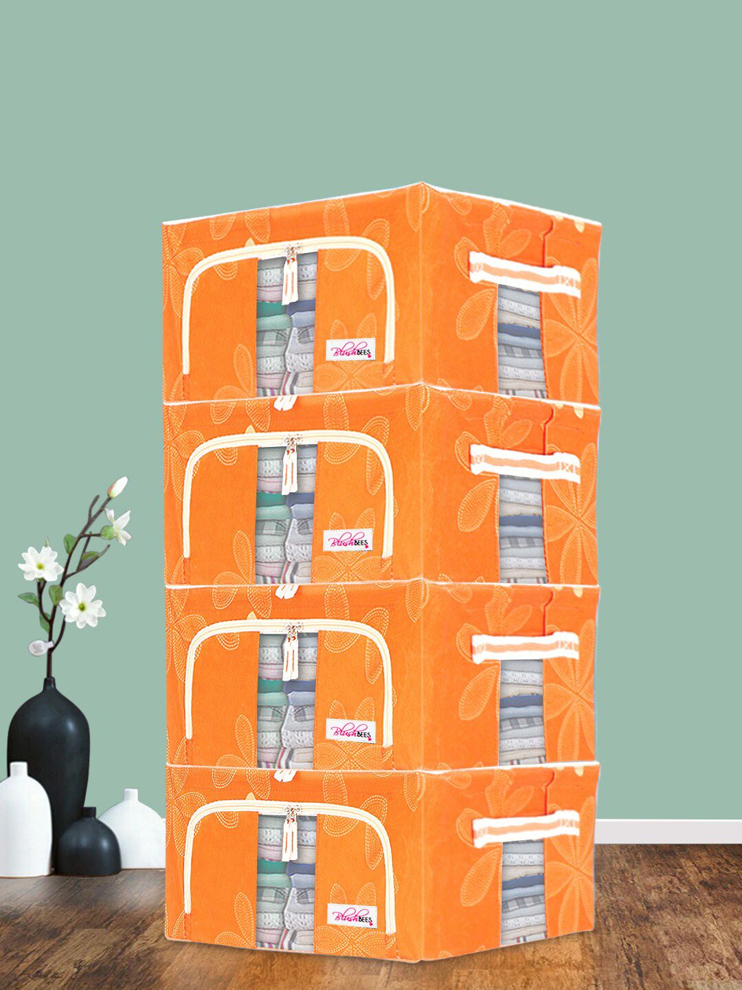 BlushBees Set of 4 Orange Printed Foldable Storage Boxes-image-19