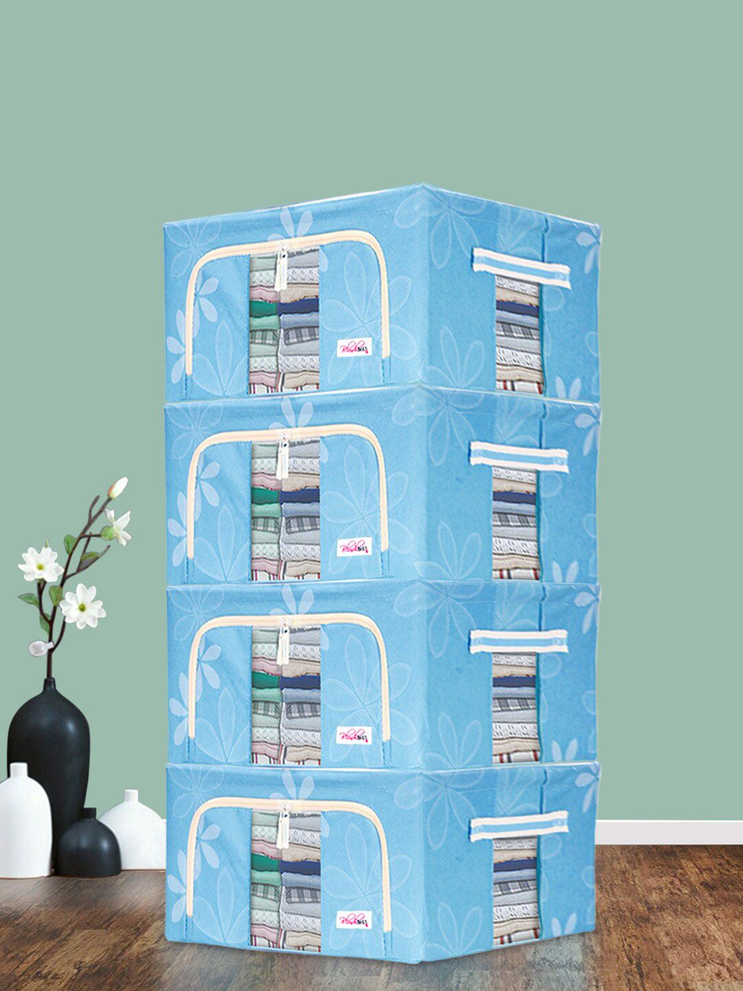BlushBees Set of 4 Blue Printed Foldable Storage Boxes With Transparent Window-image-4
