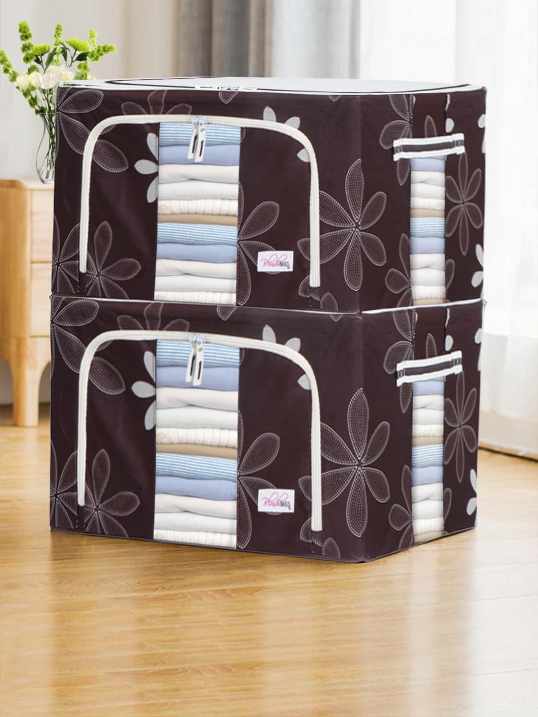 BlushBees Set Of 2 Brown & White Printed Multi-Utility Clothes Storage Boxes-image-27