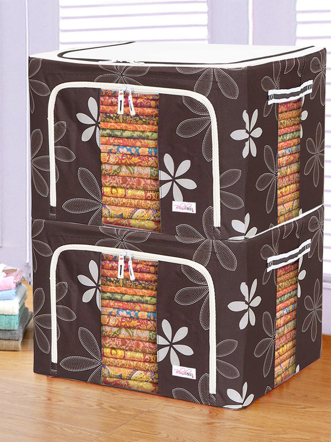 BlushBees Brown Set of 2 Floral Printed Multi-Utility Storage Box with Handle-image-4