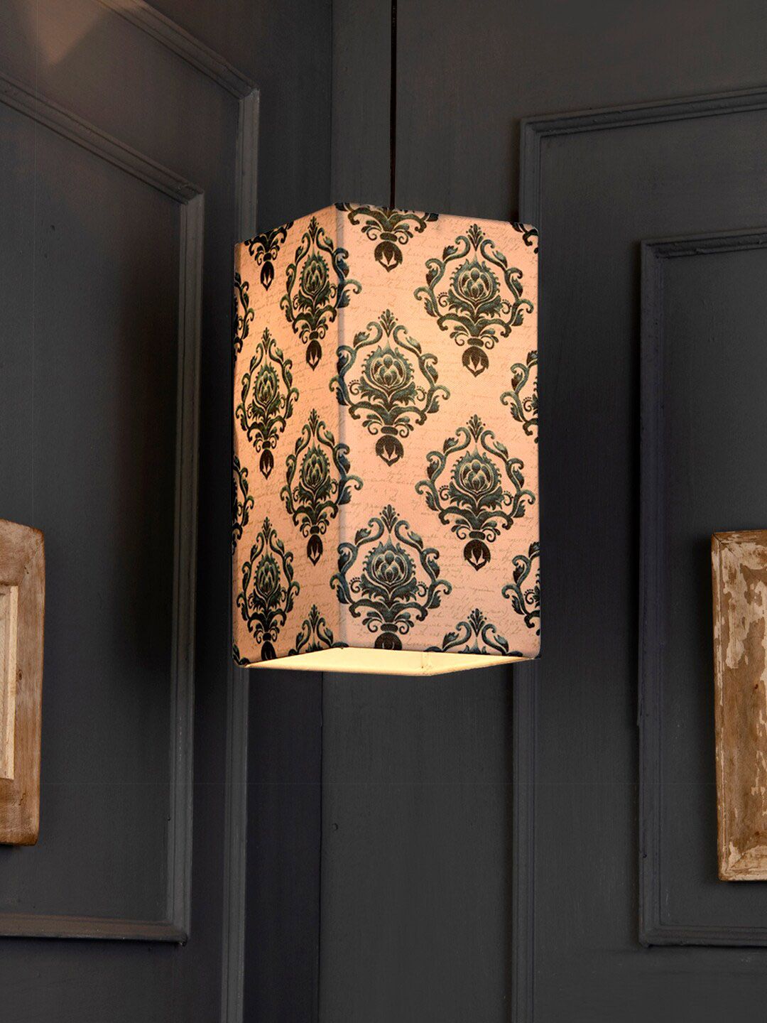 green girgit Sea Green & Beige Block Printed Hanging Light-image-8