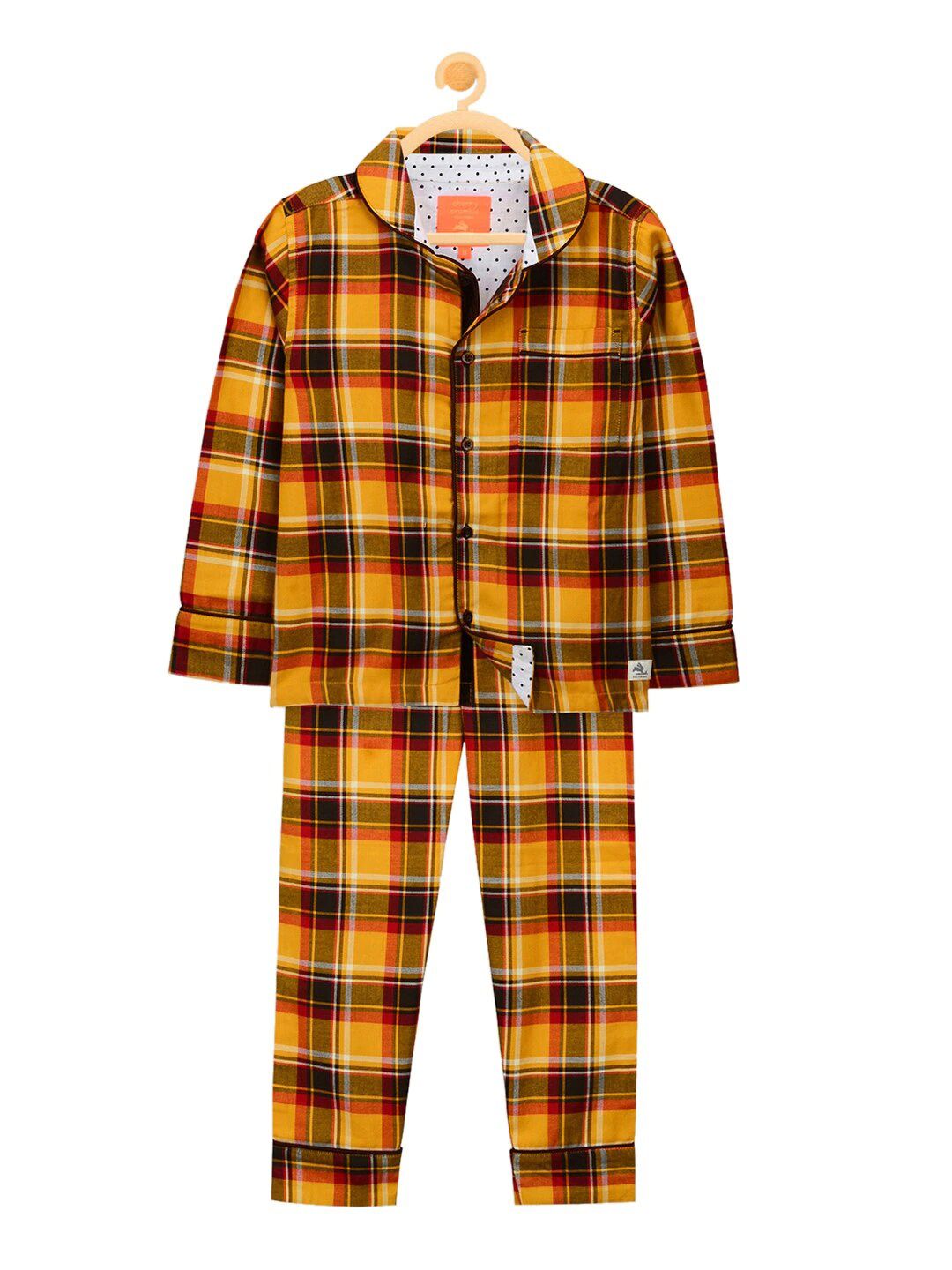 Cherry Crumble Unisex Kids Mustard Yellow & Black Checked Night Suit-picture-23