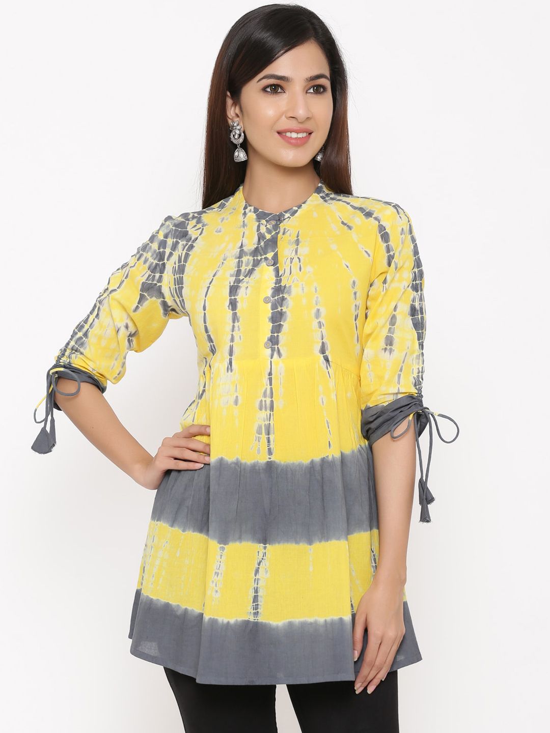 kipek Women Yellow & Grey Tie Dye Printed 60's Cambric Anarkali Kurti