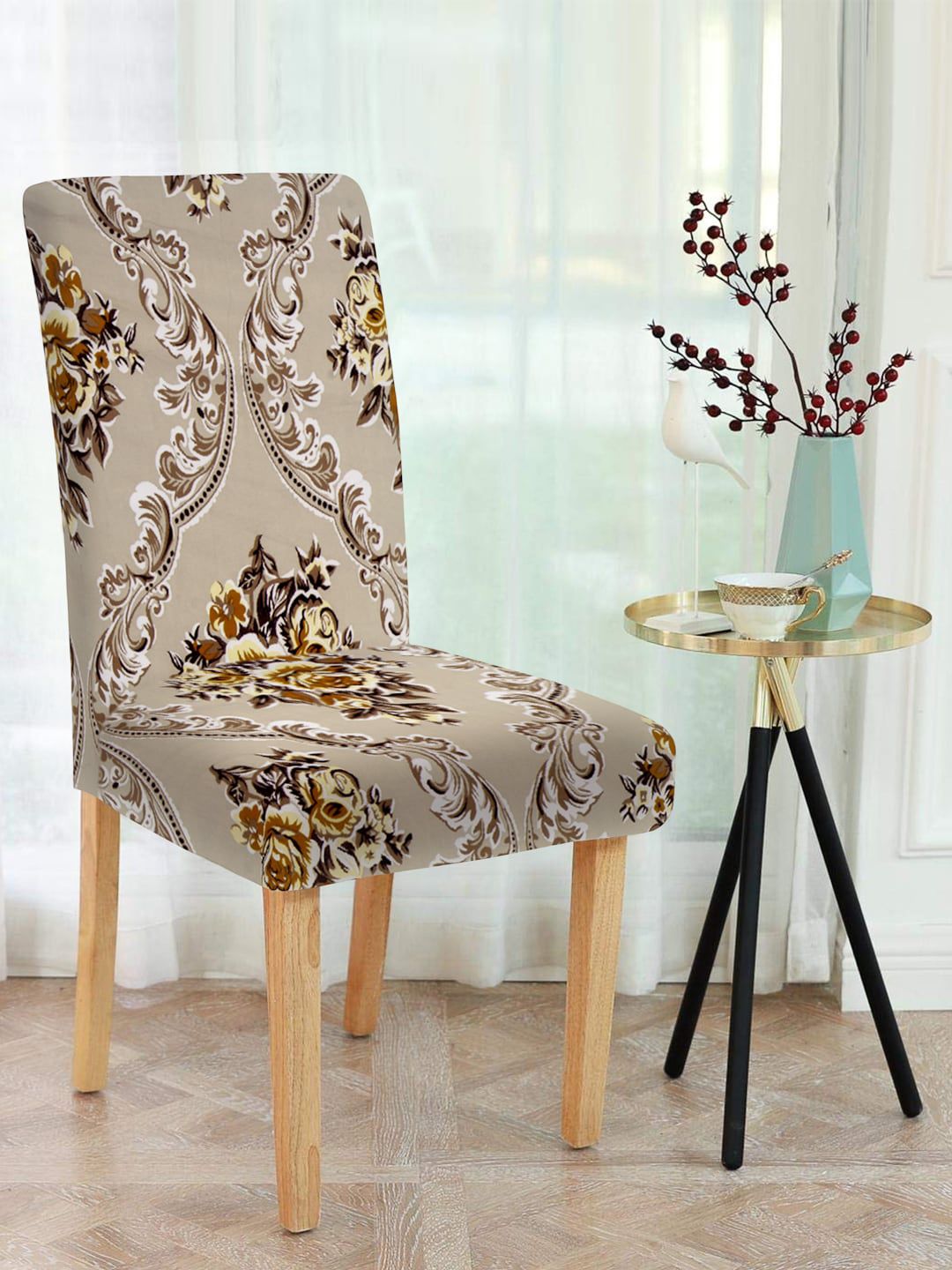 Cortina Taupe & Brown 4 Pcs Floral Print Chair Cover Set-picture-16