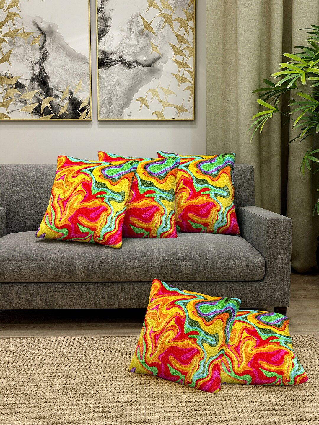 KLOTTHE Multicoloured Set of 5 Embroidered Square Cushion Covers-image-43