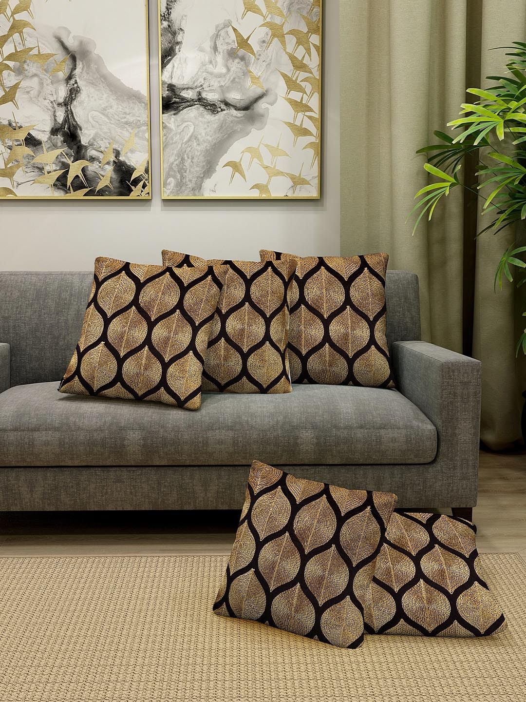 KLOTTHE Gold & Coffee Brown Set of 5 Embroidered Square Cushion Covers-image-29