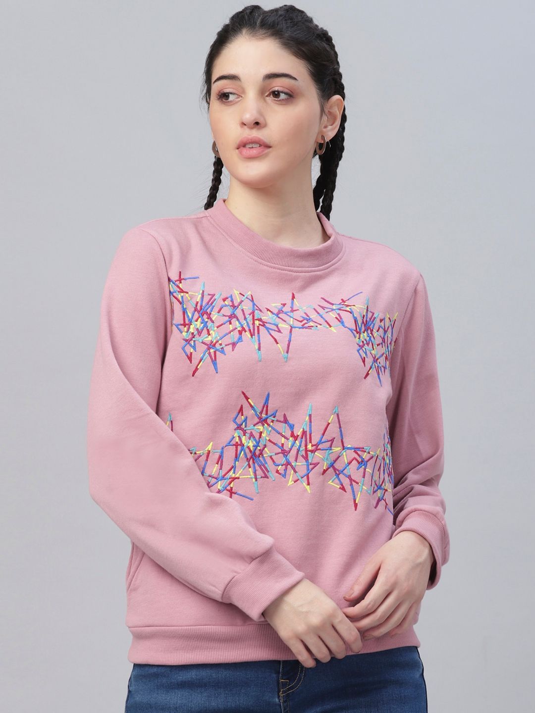 Athena Women Pink & Blue Embroidered Sweatshirt-picture-31