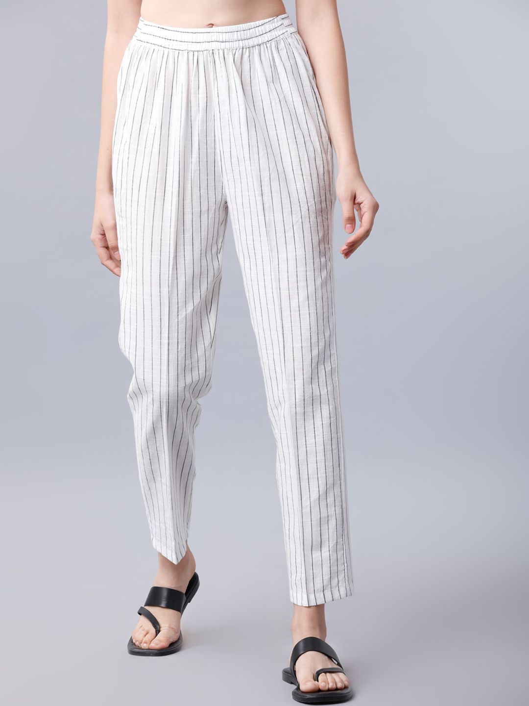 Vishudh Women Off-White & Black Striped Straight Palazzos-picture-29