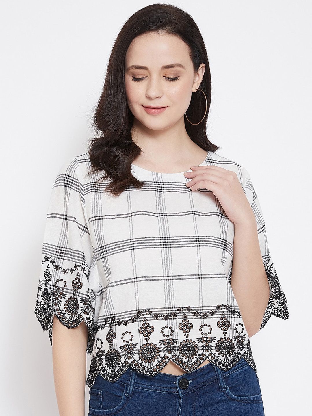 Ruhaans Women White & Black Checked Top-picture-24