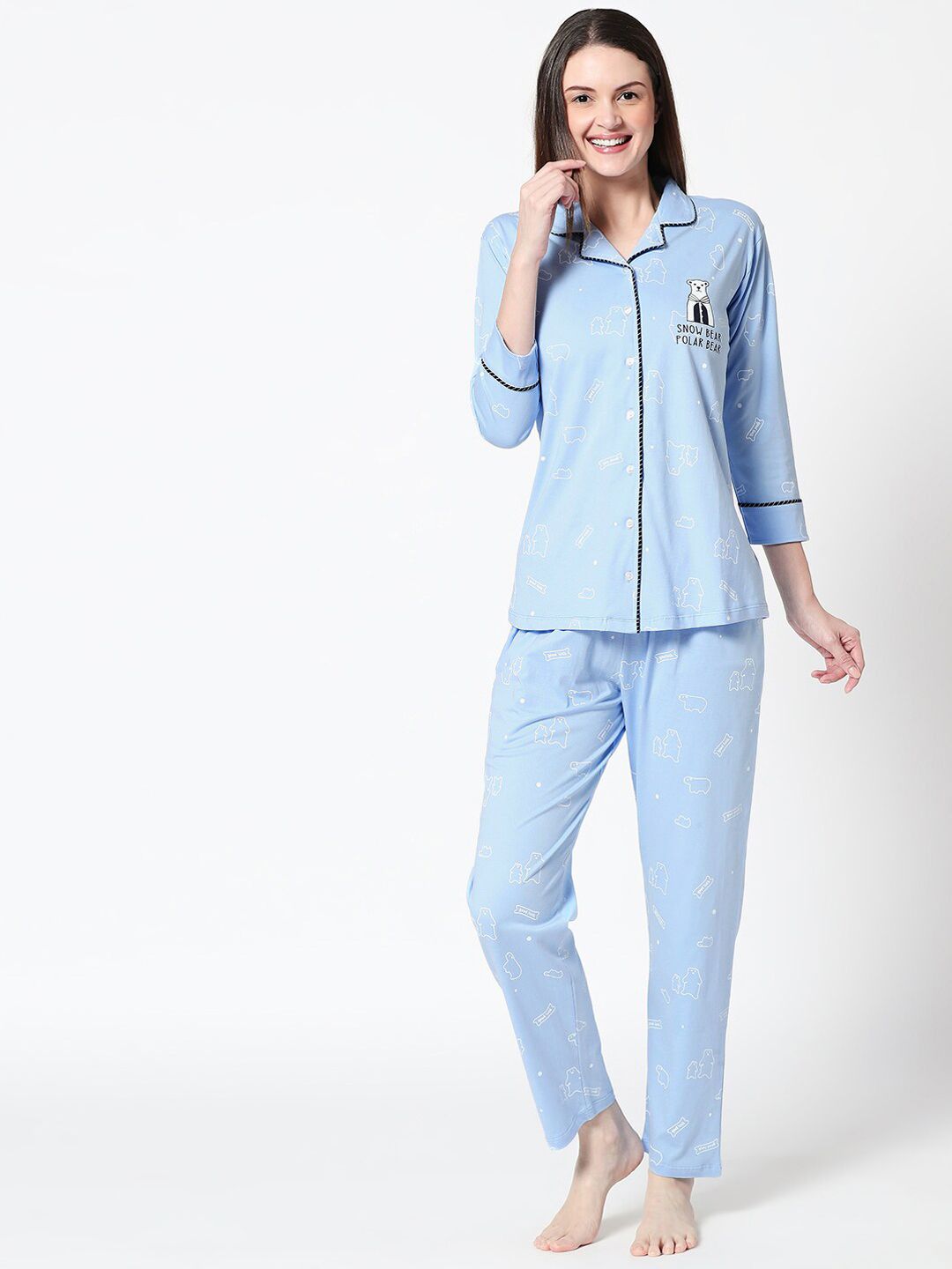 Zeyo Women Blue & White Printed Night suit-image-18
