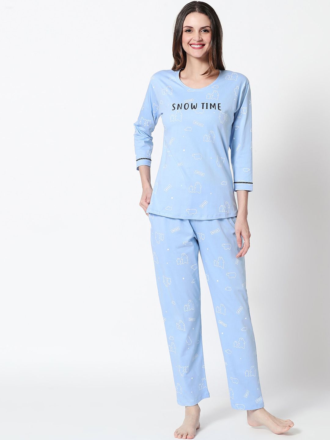 Zeyo Women Blue Printed Self Design Night Suits-picture-51