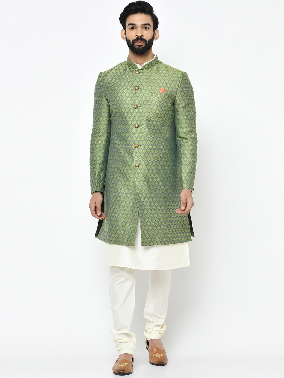 KISAH Men White & Green Woven Design Sherwani Set