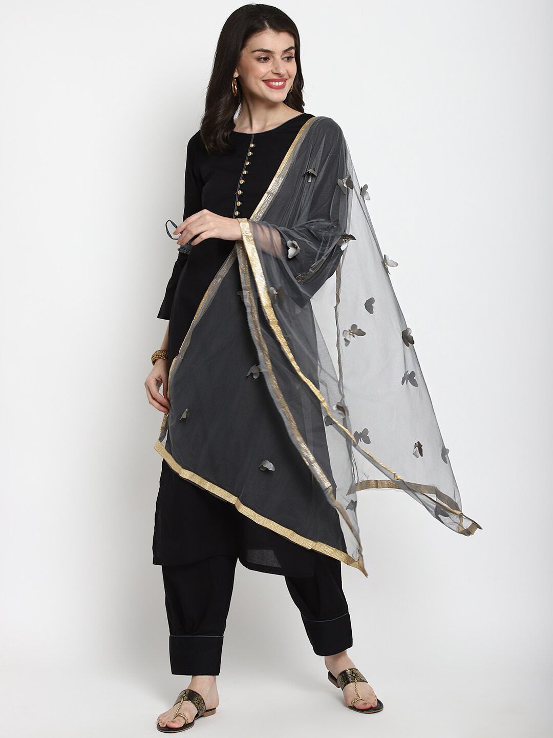 Tulsattva Women Black Floral Regular Pure Cotton Kurta with Trousers & With Dupatta-picture-17