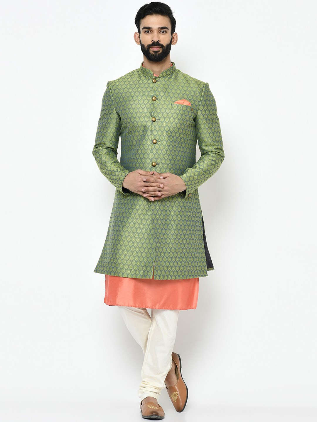 KISAH Men Green & Orange Self-Design Sherwani Set