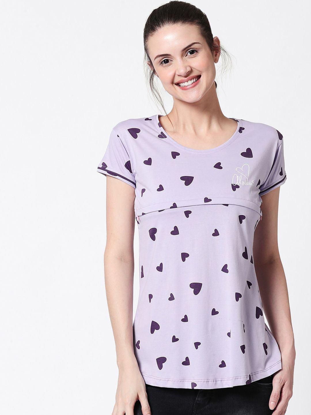 Zeyo Women Purple Printed Nursing & Feeding Pure Cotton Lounge Top-image-46