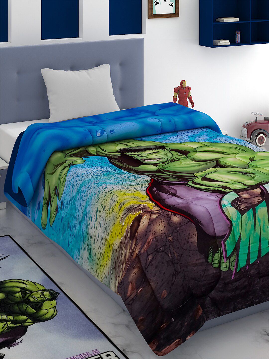 Marvel Blue & Green Cartoon Characters AC Room 300 GSM Single Bed Comforter-picture-29
