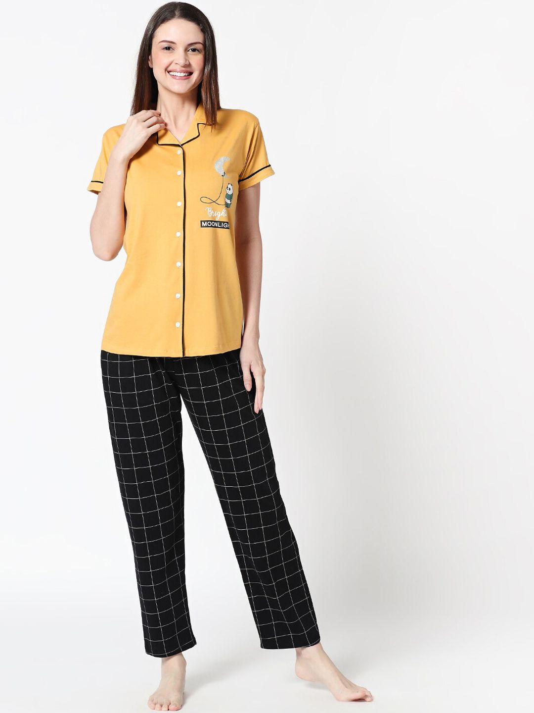 Zeyo Women Yellow & Black Printed Night Suit-image-37
