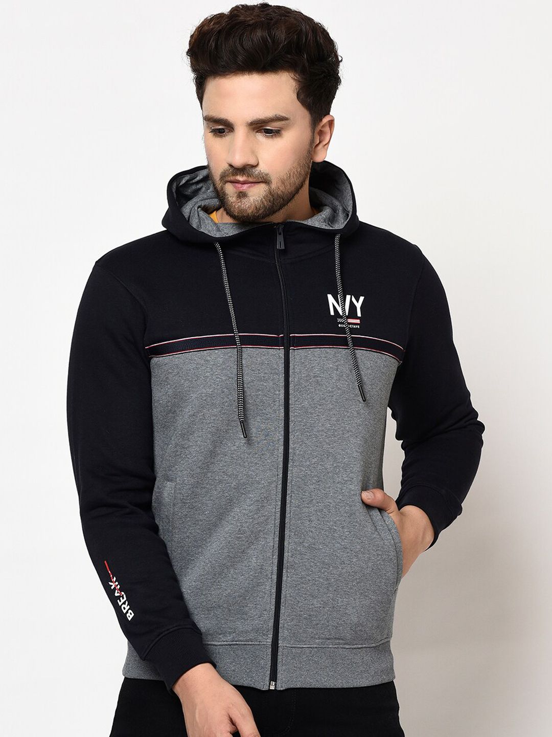 Octave Men Grey & Black Solid Hooded Sweatshirt-picture-11