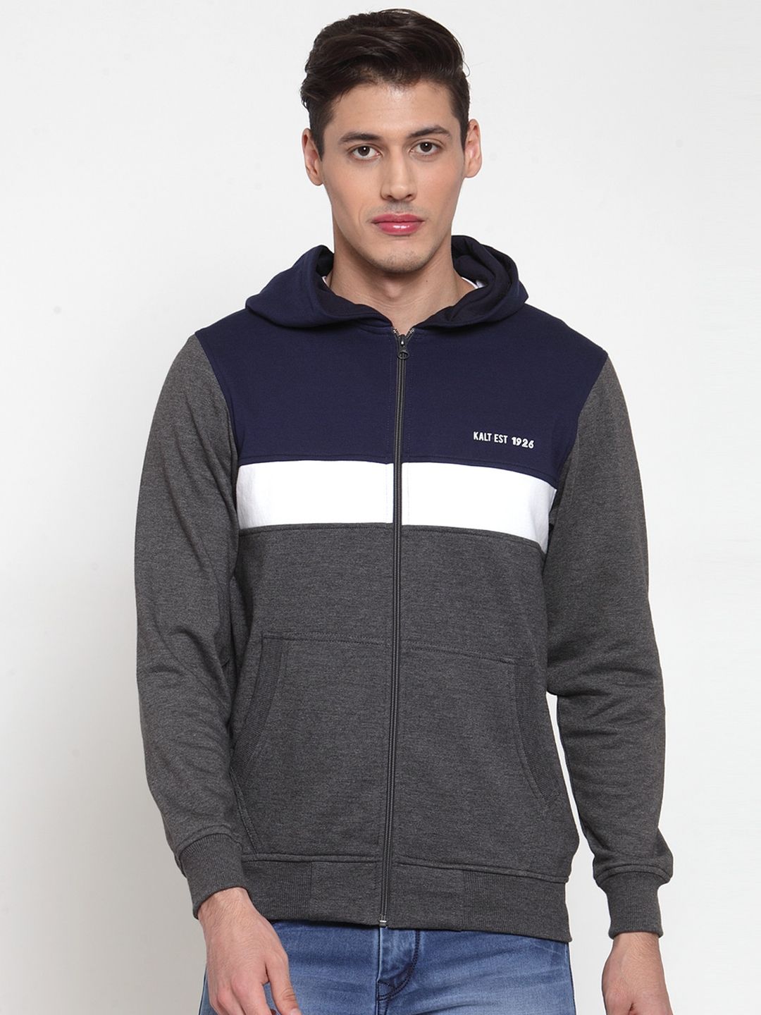 Kalt Men Grey & Blue Colourblocked Open Front Jacket-picture-25