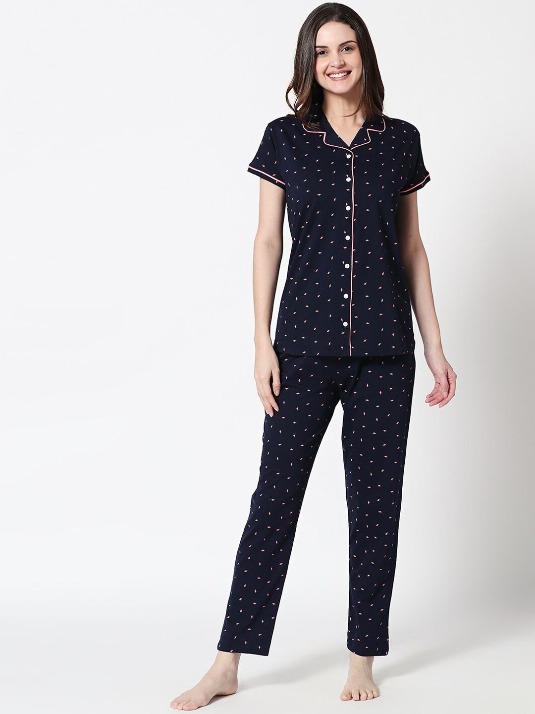 Zeyo Women Navy Blue & Pink Printed Night suit-picture-13