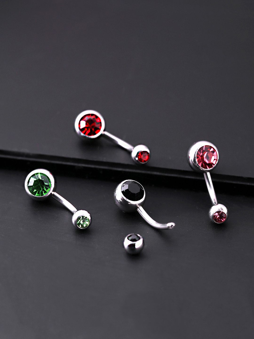 Yellow Chimes Set Of 4 Green & Red Rhodium-Plated Navel Piercing Belly Button Studs-picture-37