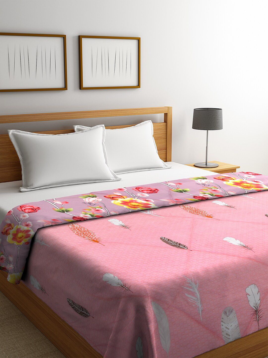 KLOTTHE Pink & Purple Floral Printed Mild Winter 500 GSM Double Bed Sustainable Reversible Quilt-picture-19