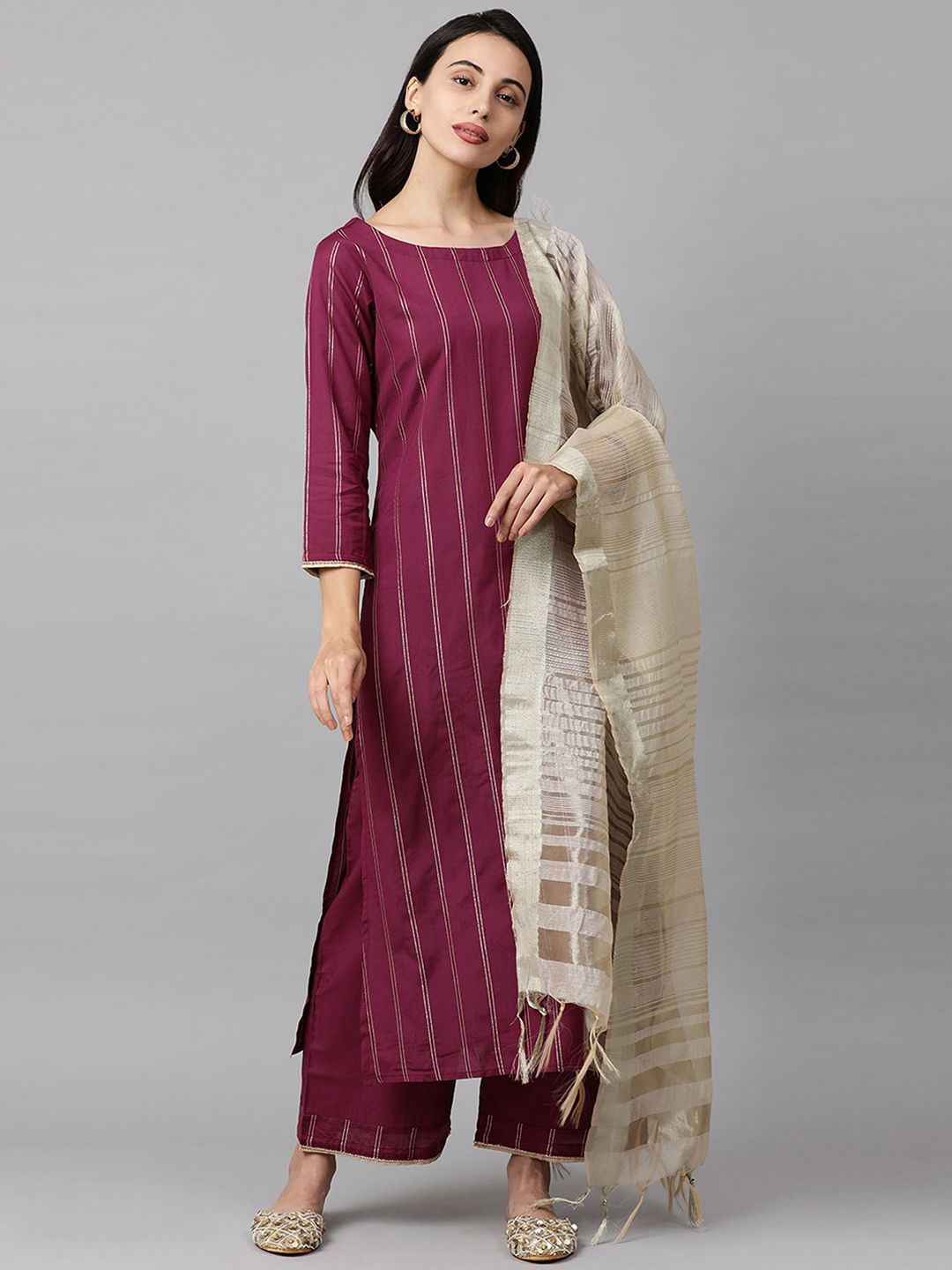 Indo Era Women Magenta & Beige Striped Kurta with Palazzos & Dupatta-picture-26