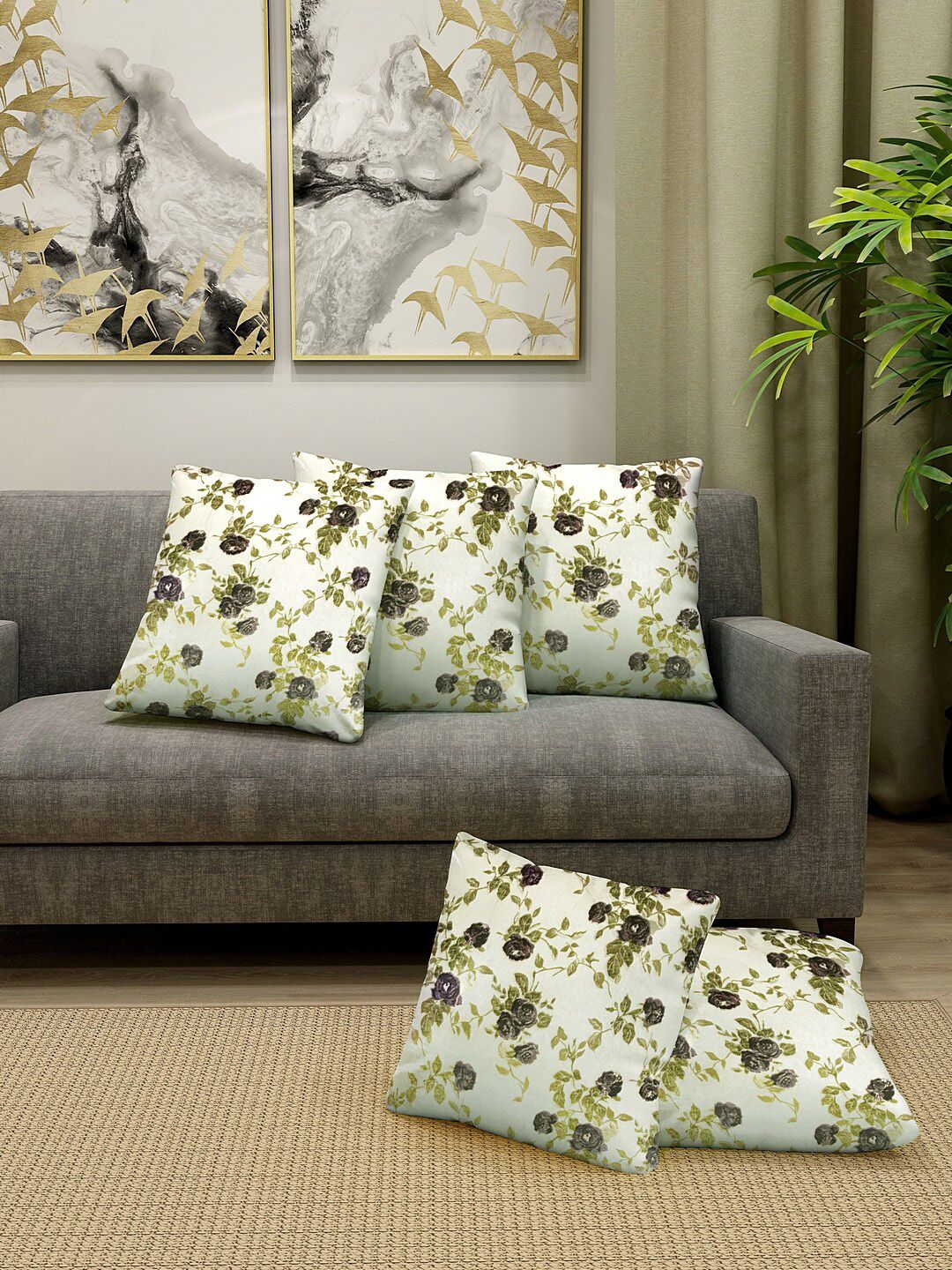 KLOTTHE Set Of 5 Off-White & Green Floral Printed Square Cushion Covers-picture-17