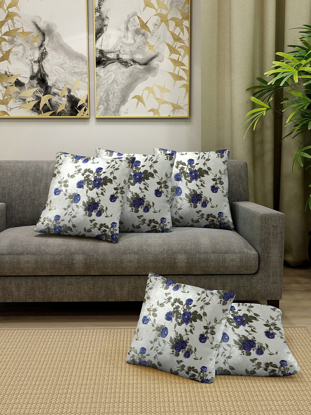 KLOTTHE Set Of 5 Grey & Navy Blue Floral Printed Velvet Cushion Covers-image-48