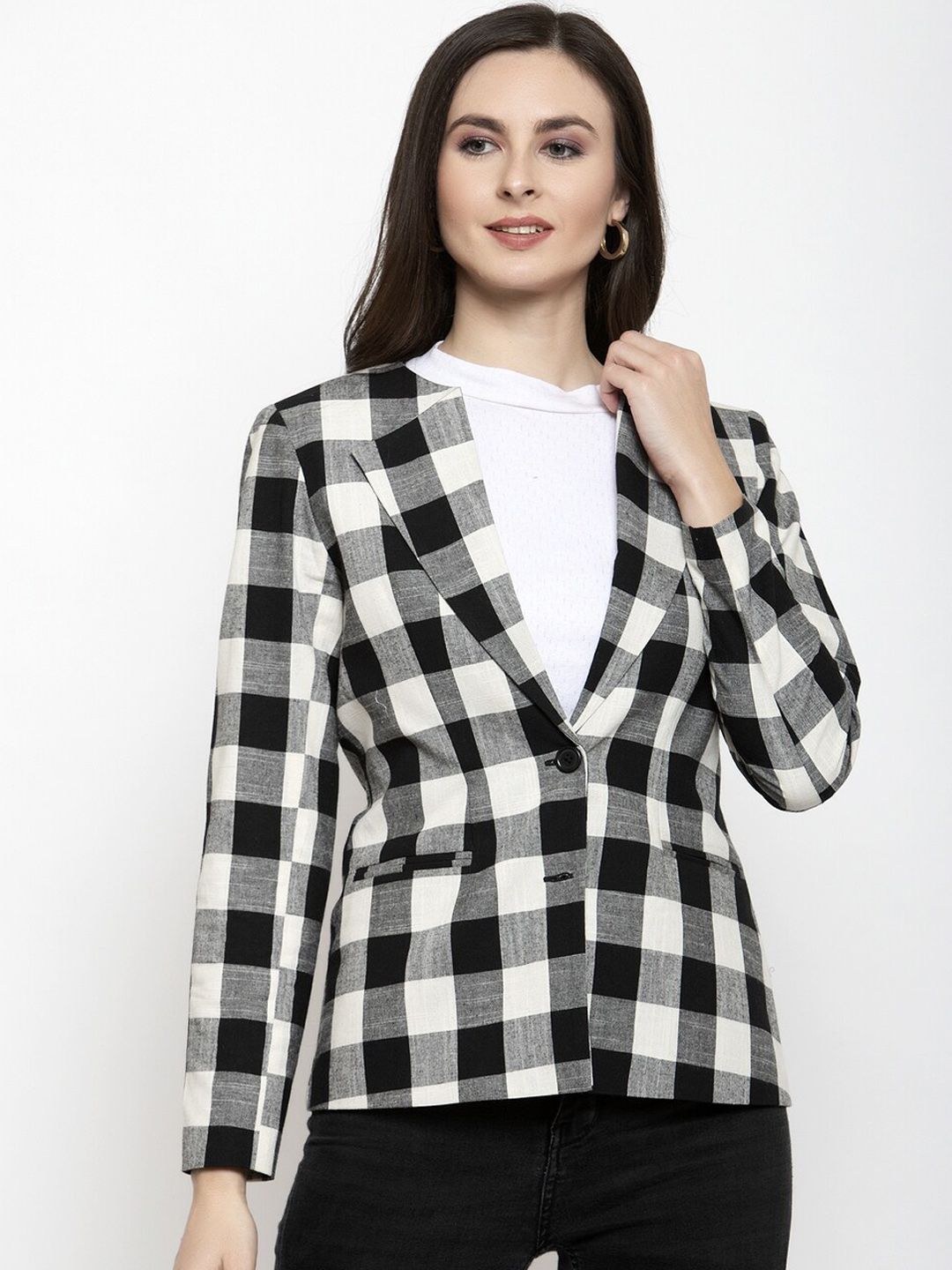 Purple State Women Black & White Checked Slim-Fit Single-Breasted Casual Pure Cotton Blazer-picture-38