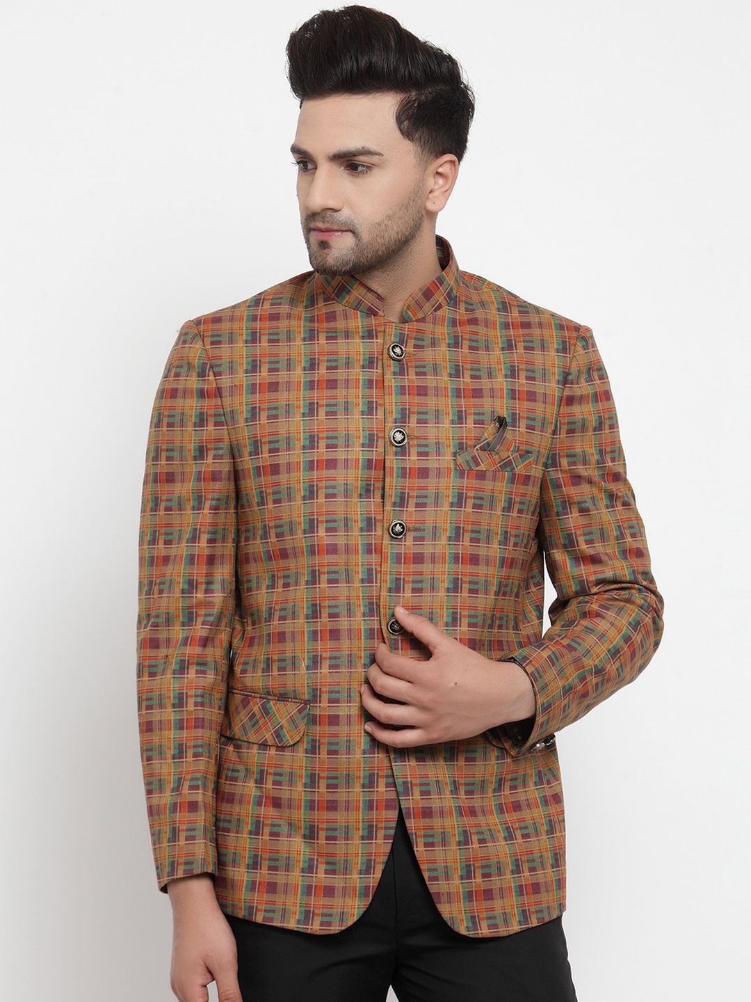 KLOTTHE Men Orange & Green Checked Slim-Fit Single-Breasted Blazer-picture-17