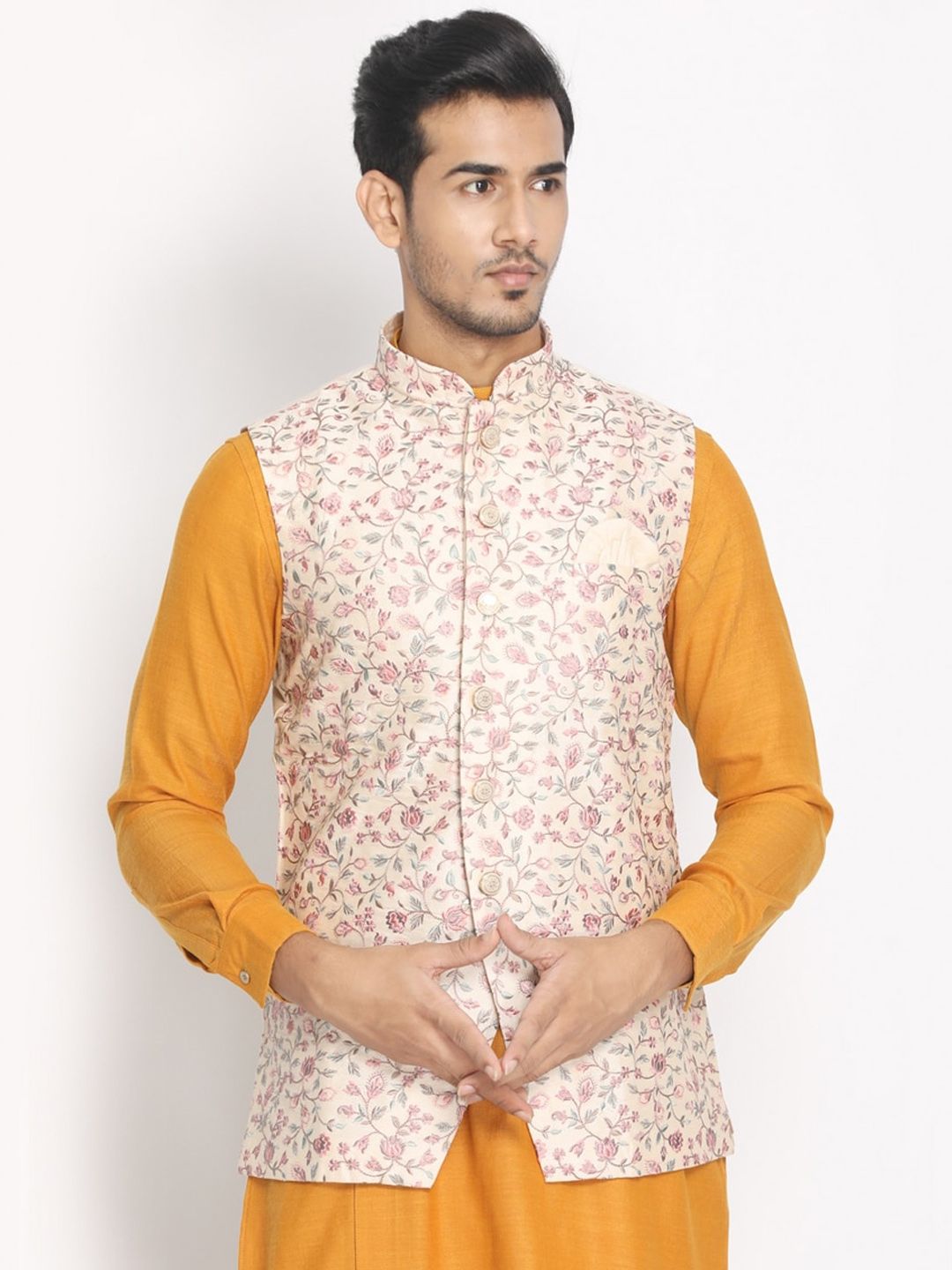 Manyavar Men Cream-Colour & Pink Embroidered Woven Nehru Jacket-picture-15