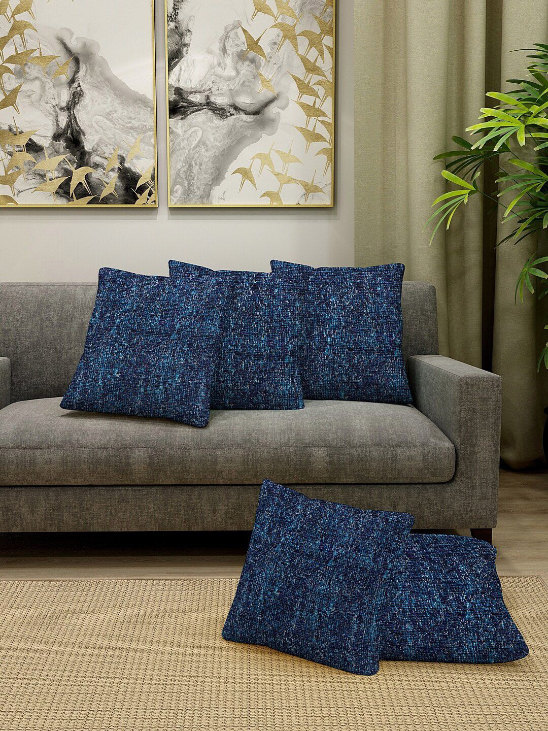 KLOTTHE Set Of 5 Blue Self-Design Square Cushion Covers-image-44