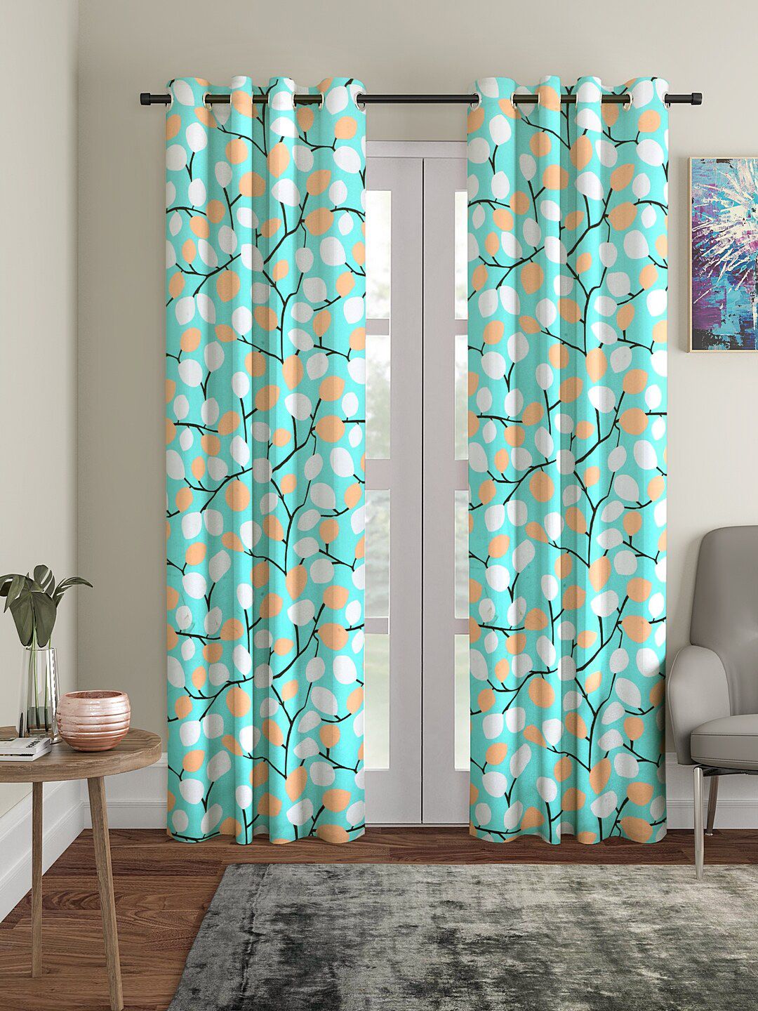 Cortina Turquoise Blue & White Set of 2 Printed Long Door Curtains-image-16